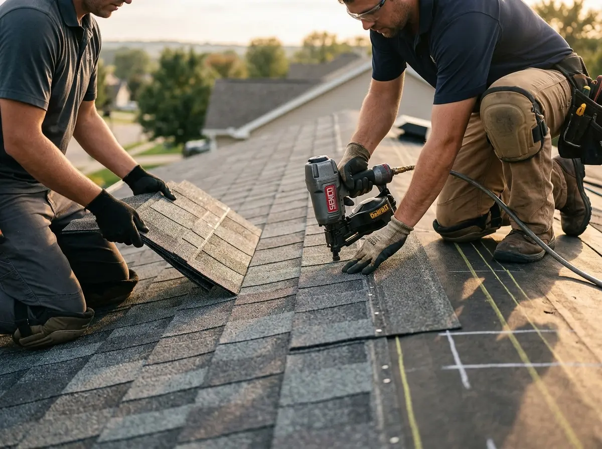 Professional roofer working on a residential roof in Media